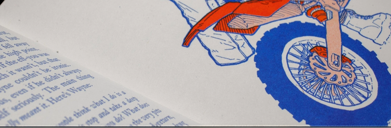 Illustration of a person on a motorcycle with a blue wheel on a piece of paper with text.